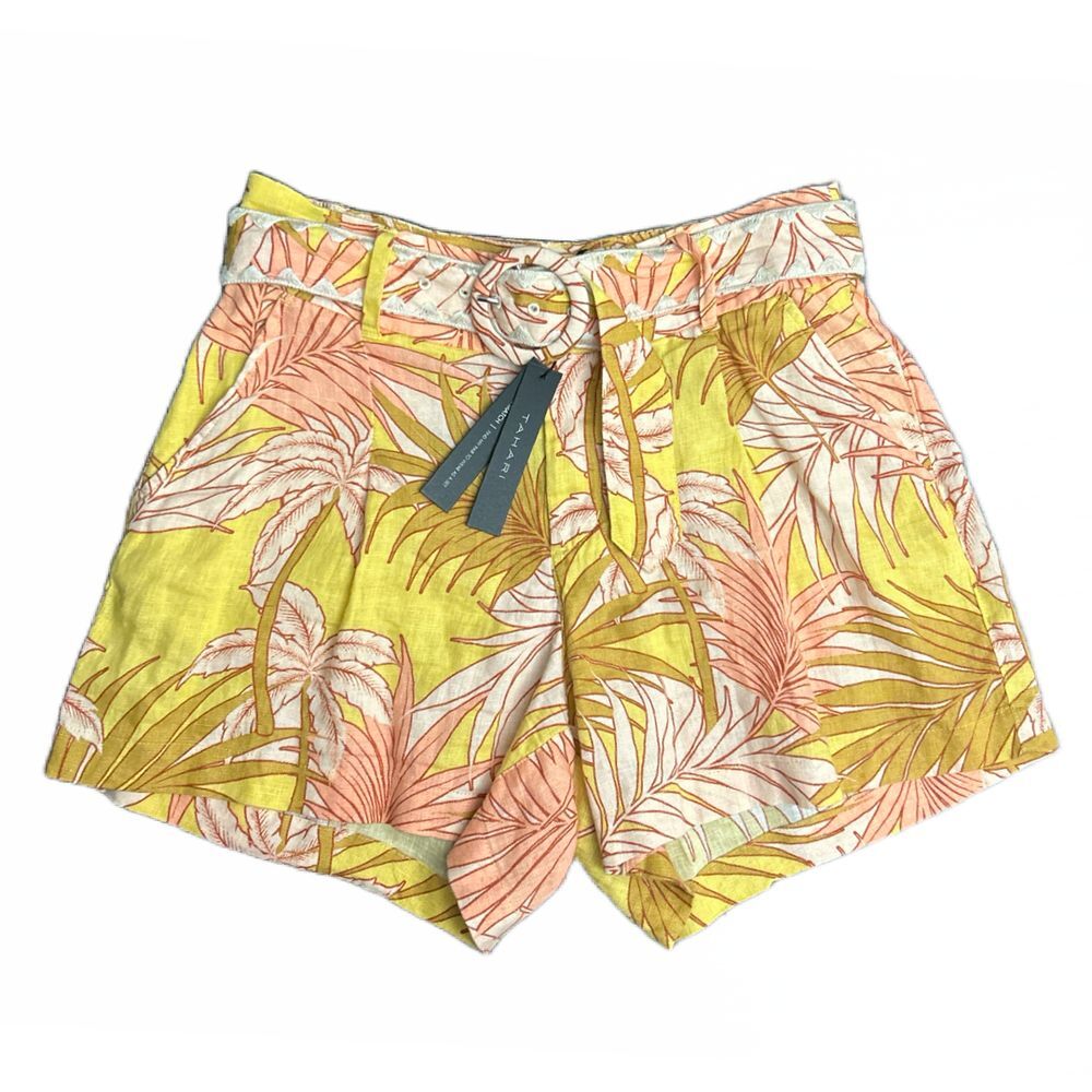 Tahari Tropical Palm Print 100% Linen Shorts High Waisted With Belt Size 6 NWT